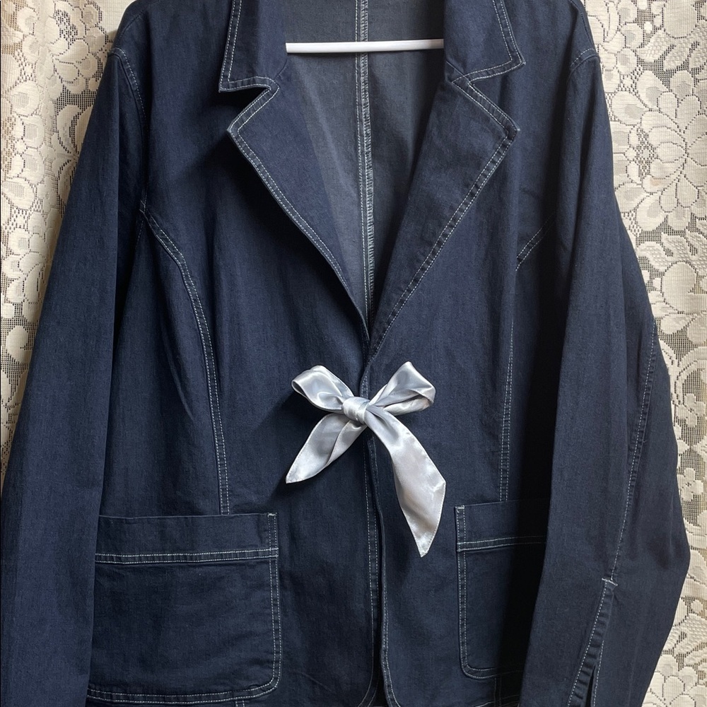 Cato Dark Blue Denim Blazer with Bow
